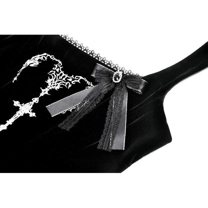 Dark in Love Lux Black Velvet Horn Embroidery Maxi Dress close up of the broach