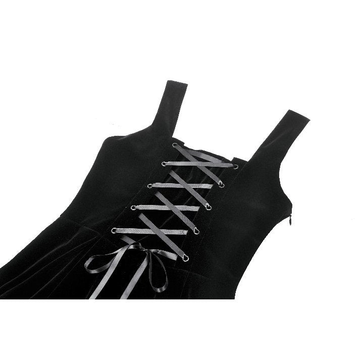 Dark in Love Lux Goth Black Velvet Horn Embroidery Maxi Dress close up of the satin ribbon lace up back