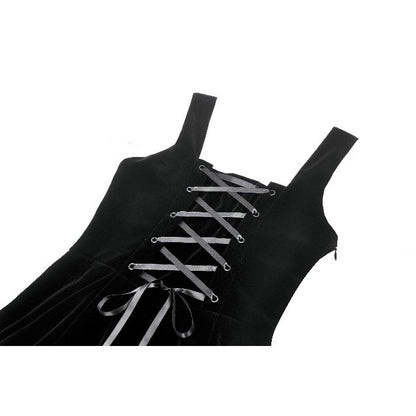 Dark in Love Lux Goth Black Velvet Horn Embroidery Maxi Dress close up of the satin ribbon lace up back