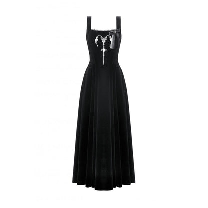 Dark in Love Lux Black Velvet Horn Embroidery Maxi Dress front view