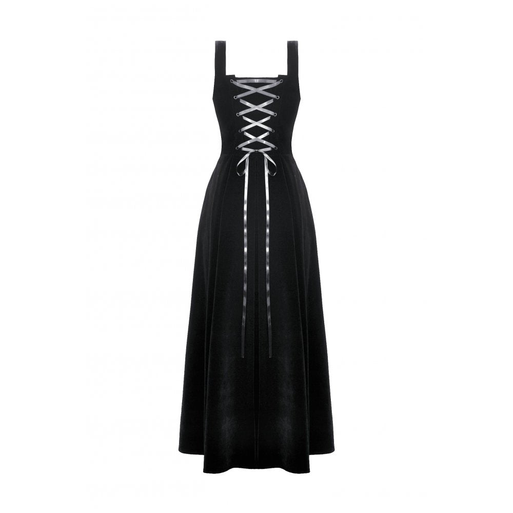 Dark in Love Lux Black Velvet Horn Embroidery Maxi Dress back view showing the satin ribbon lace up