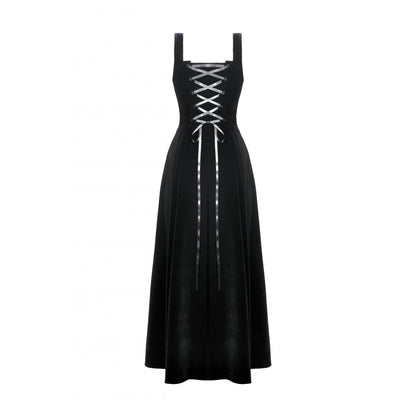 Dark in Love Lux Black Velvet Horn Embroidery Maxi Dress back view showing the satin ribbon lace up