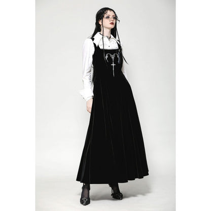 Dark in Love Lux Black Velvet Horn Embroidery Maxi Dress styled over a white goth shirt on an alternative model