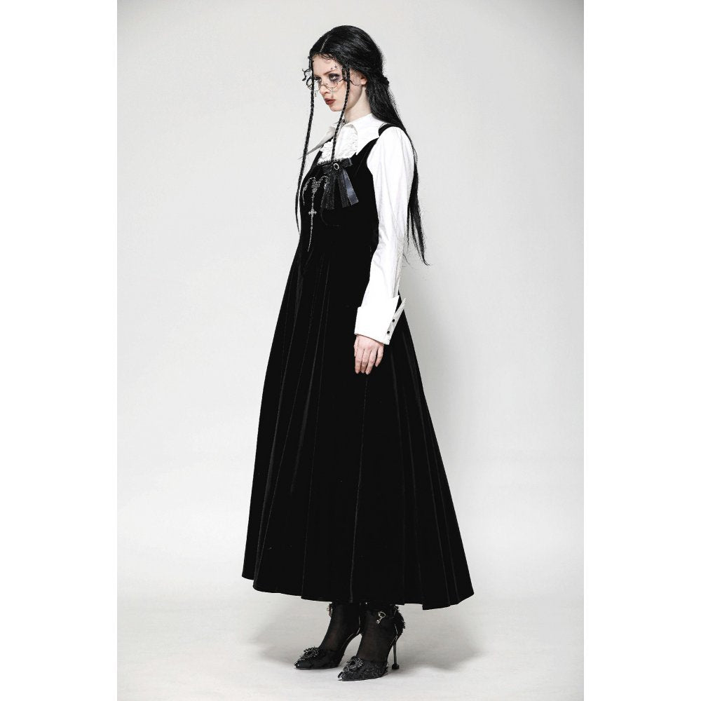 Dark in Love Lux Black Velvet Horn Embroidery Maxi Dress side view on a model