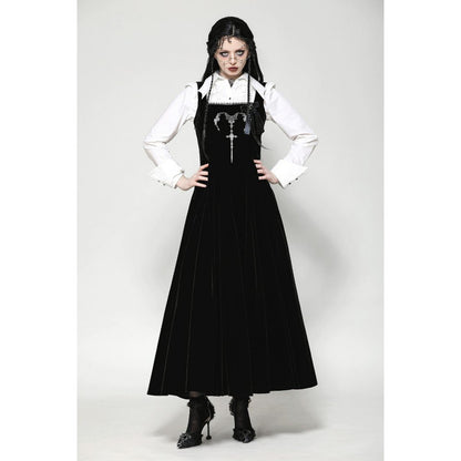 Dark in Love Lux Black Velvet Horn Embroidery Maxi Dress on a model with her hands on her hips