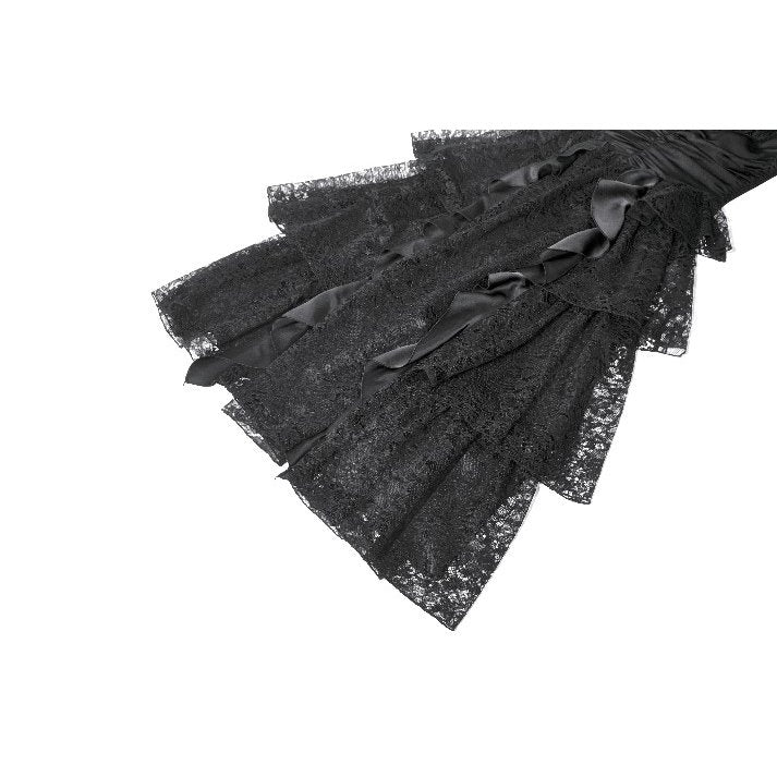 Dark in Love Minerva Gothic Satin Lace Dress closeup of the layered lace skirt