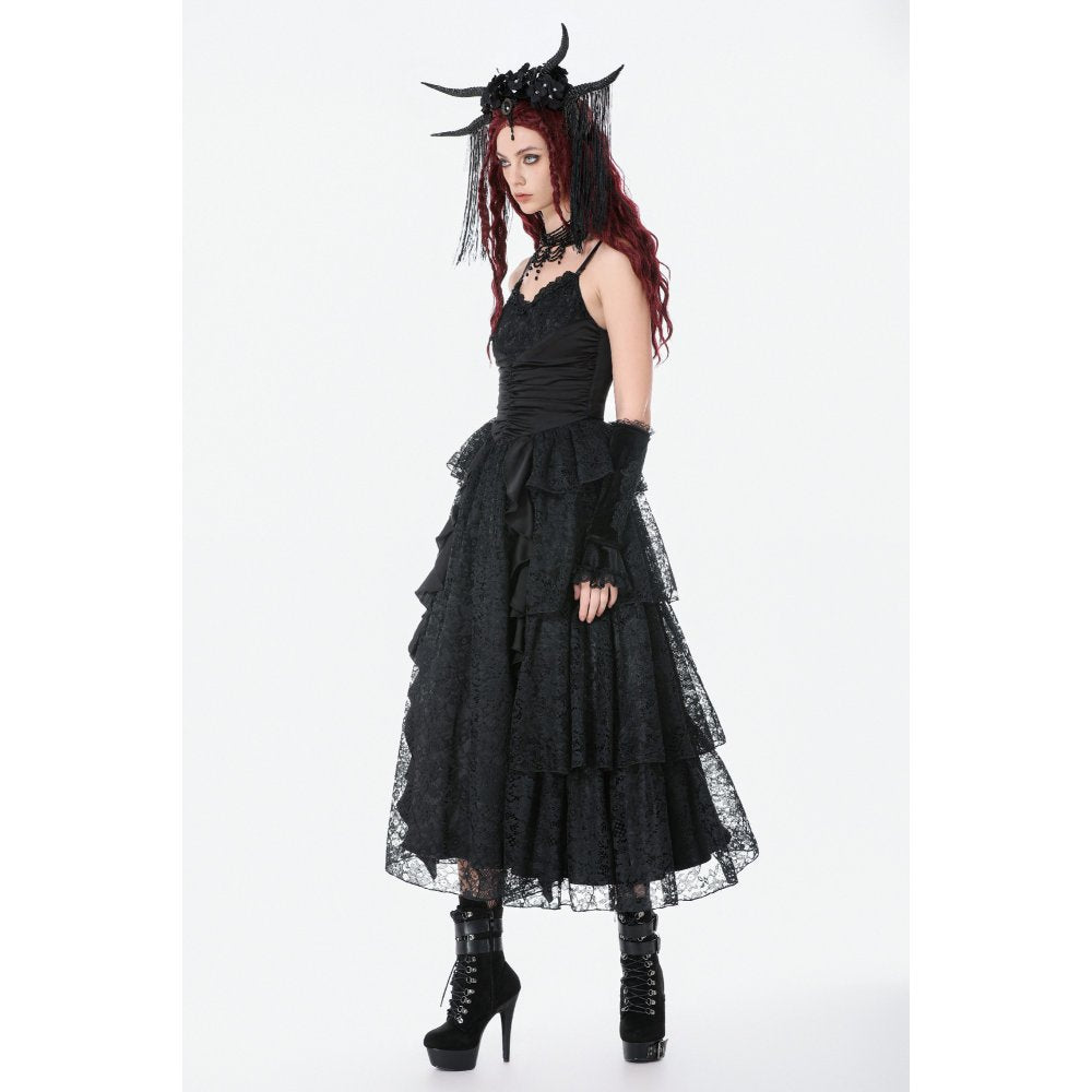 Dark in Love Minerva Gothic Satin Lace Dress side view on a model