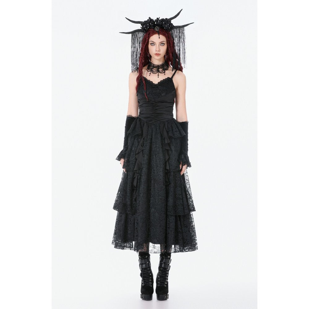 Dark in Love Minerva Gothic Satin Lace Dress front view on a model