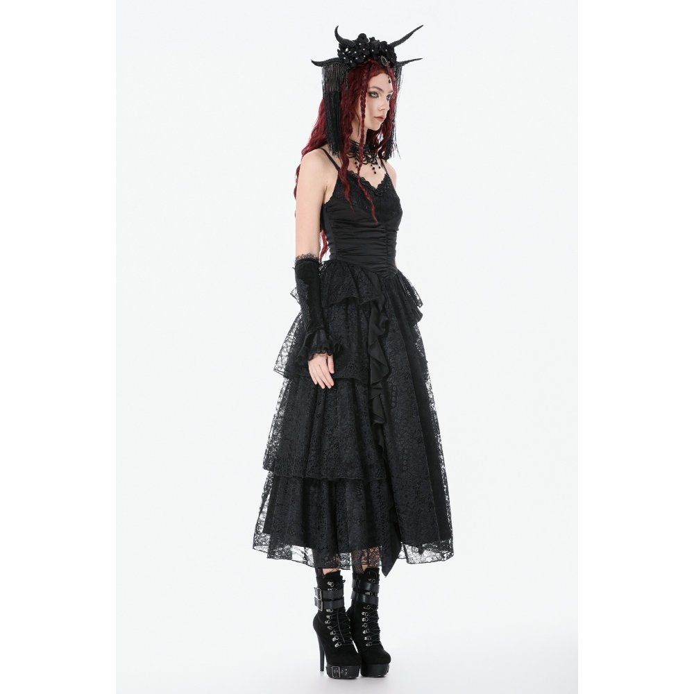Model wearing Dark in Love Minerva Gothic Satin Lace Dress with ruffles and a headpiece on a white background