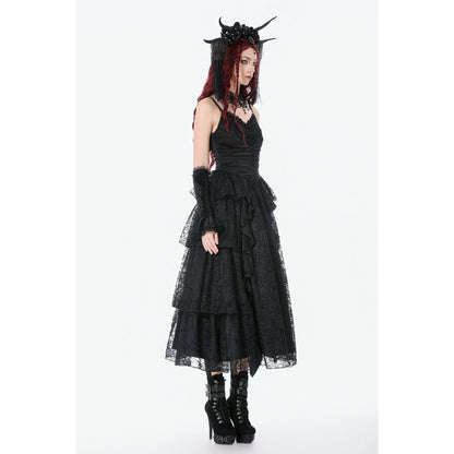 Model wearing Dark in Love Minerva Gothic Satin Lace Dress with ruffles and a headpiece on a white background