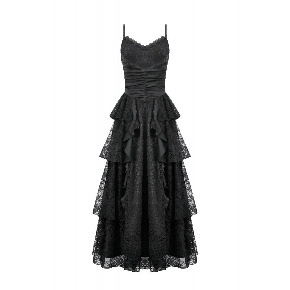 Dark in Love Minerva Gothic Satin Lace Dress with ruched waist and lace layers on a white background