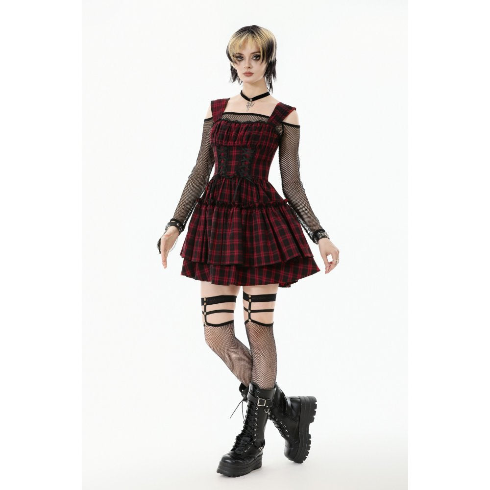 Dark in Love Morrigan Tartan Lace-Up Dress styled with fishnet accessories and black boots