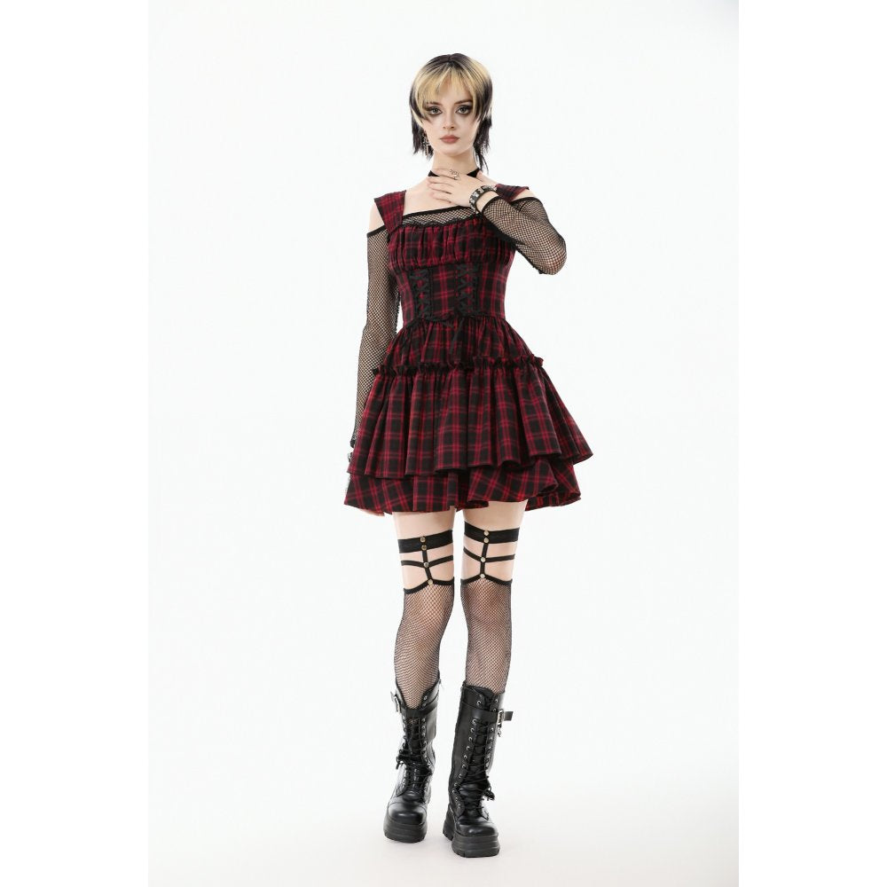 Dark in Love Morrigan Tartan Lace-Up Dress with ruffled bust on a model