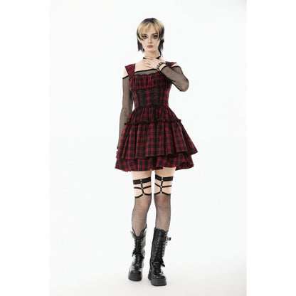 Dark in Love Morrigan Tartan Lace-Up Dress with ruffled bust on a model