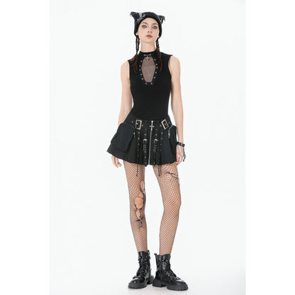 Dark in Love Punk Coffin Mesh Panel Top styled with fishnets, mini skirt, hat and boots