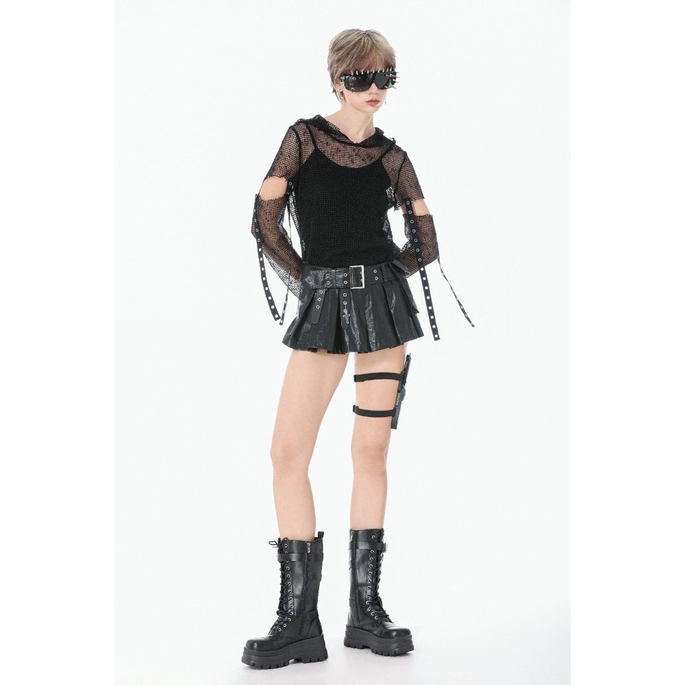 Dark in Love Goth Fashion Mesh Hollow-Out Hooded Mesh Top styled on a model