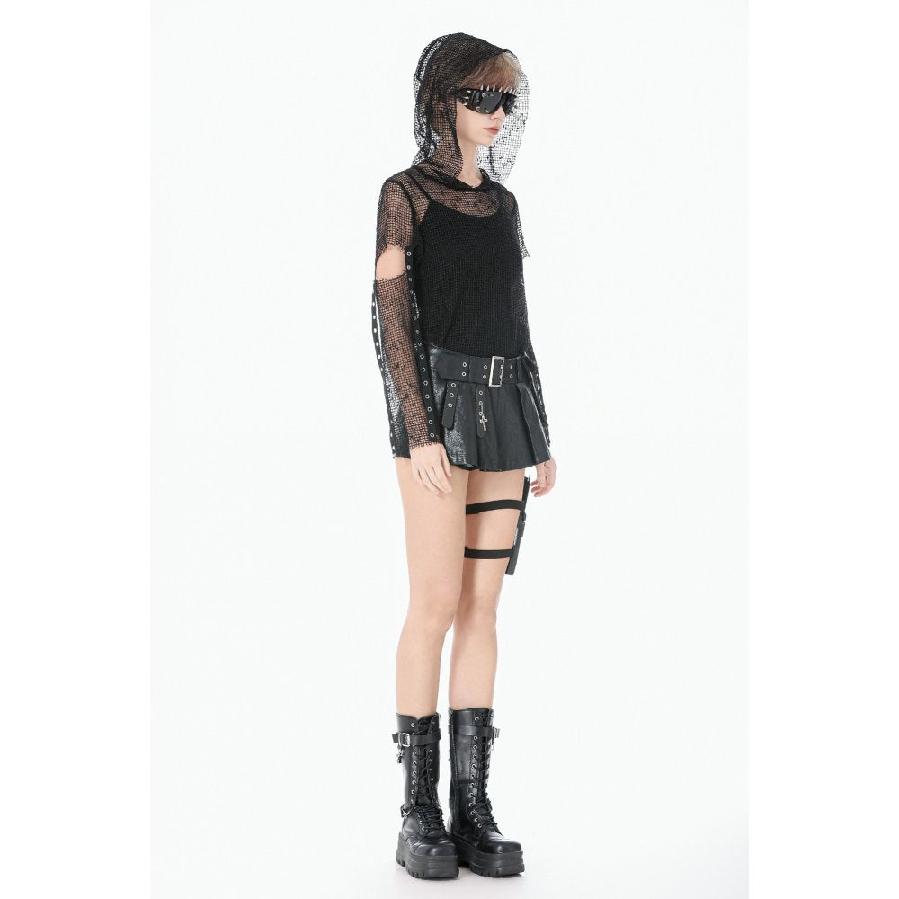 Dark in Love Goth Fashion Mesh Hollow-Out Hooded Mesh Top side view on a model