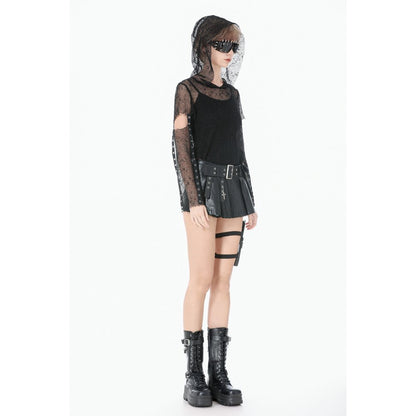 Dark in Love Goth Fashion Mesh Hollow-Out Hooded Mesh Top side view on a model