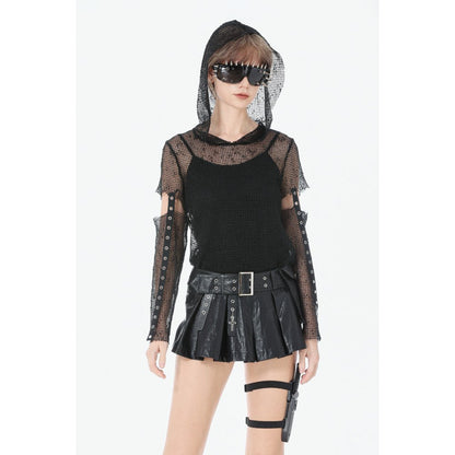 Dark in Love Goth Fashion Mesh Hollow-Out Hooded Mesh Top closeup on a model