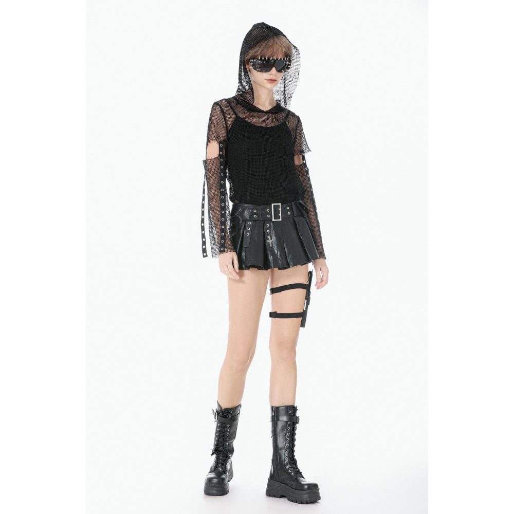 Dark in Love Goth Fashion Mesh Hollow-Out Hooded Mesh Top styed with spiked sunglasses
