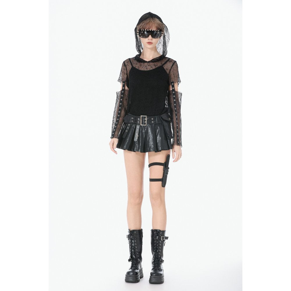 Dark in Love Punk Mesh Hollow-Out Hooded Mesh Top styled on a model