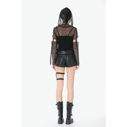 Dark in Love Punk Mesh Hollow-Out Hooded Mesh Top back view on a model
