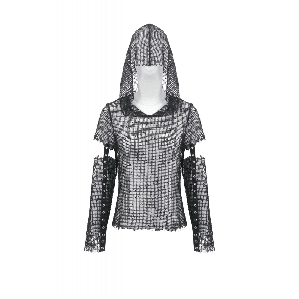 Dark in Love Punk Mesh Hollow-Out Hooded Mesh Top shown hood up on a mannequin