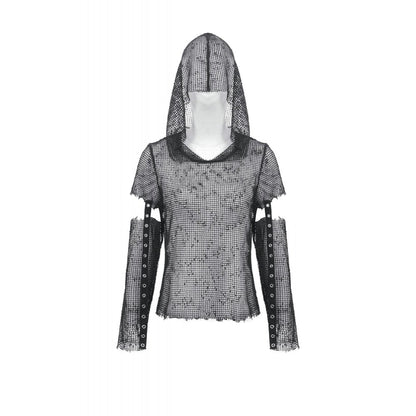 Dark in Love Punk Mesh Hollow-Out Hooded Mesh Top shown hood up on a mannequin