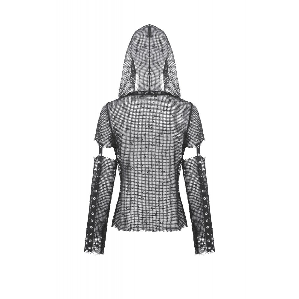 Dark in Love Punk Mesh Hollow-Out Hooded Mesh Top back view shown hood up on a mannequin