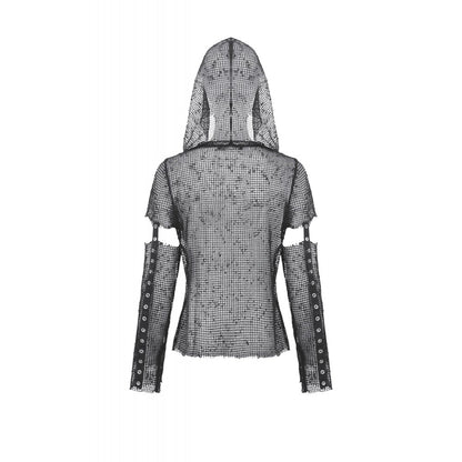 Dark in Love Punk Mesh Hollow-Out Hooded Mesh Top back view shown hood up on a mannequin