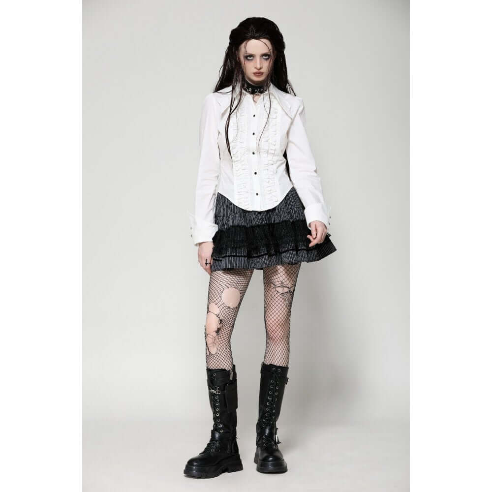Dark in Love Queeny White Gothic Demon Shirt styled with goth boots and mini skirt
