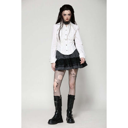 Dark in Love Queeny White Gothic Demon Shirt styled with goth boots and mini skirt