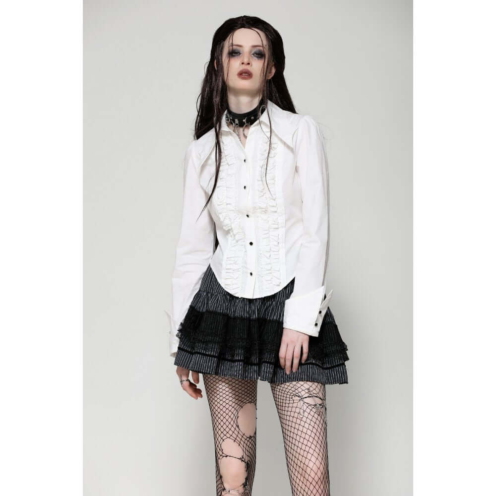 Dark in Love Queeny White Gothic Demon Shirt styled on a model