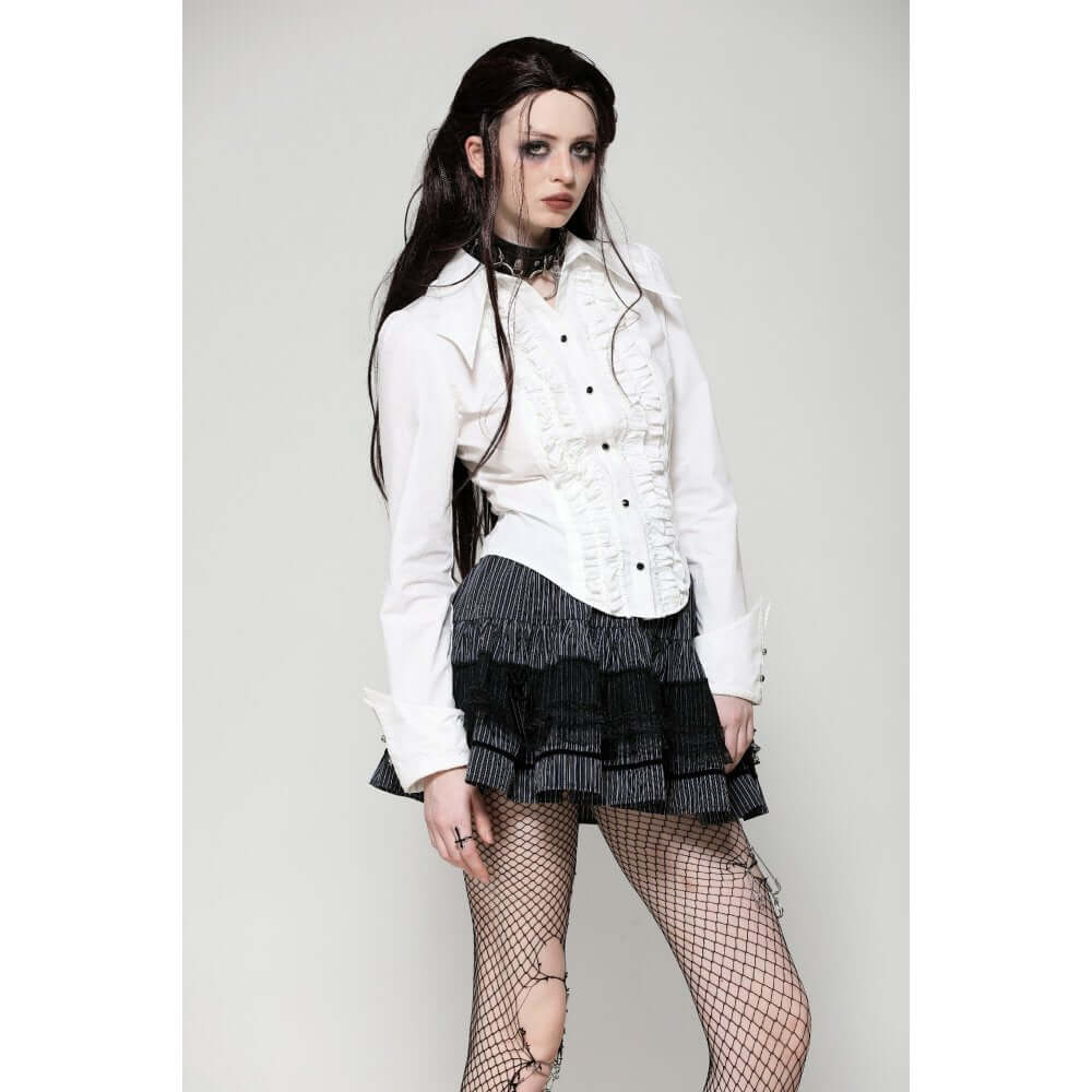 Dark in Love Queeny White Gothic Demon Shirt on a model
