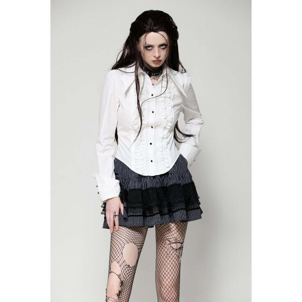 Dark in Love Queeny White Gothic Demon Shirt paired with a mini skirt
