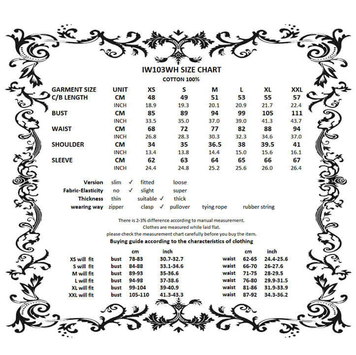 Dark in Love Queeny White Gothic Demon Shirt Size Chart