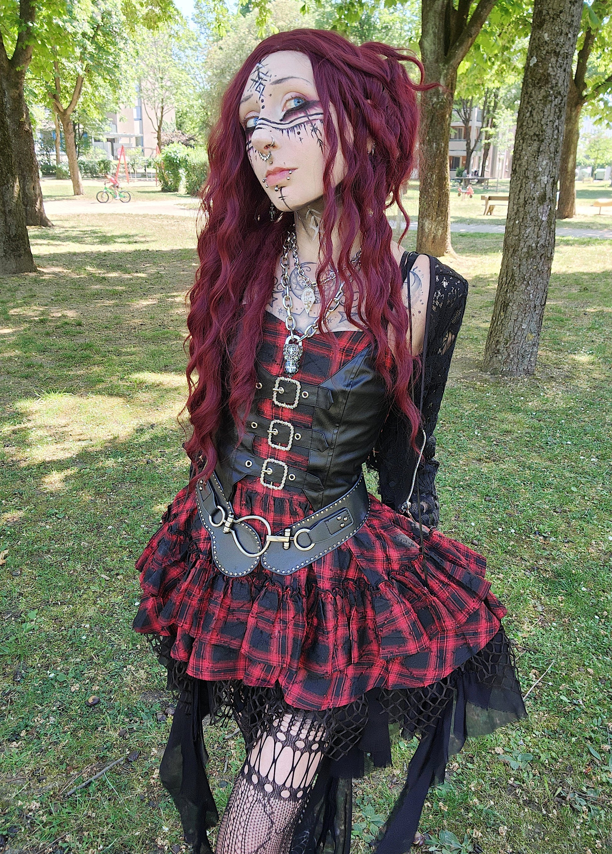 Valentinescorpse wearing Dark in Love Red-Black Plaid Leather Layered Punk Sweetcore Dress