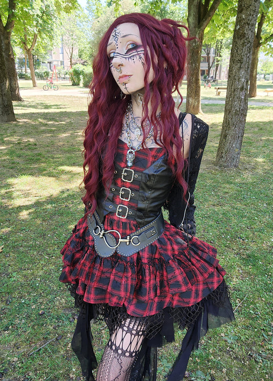 Valentinescorpse wearing Dark in Love Red-Black Plaid Leather Layered Punk Sweetcore Dress