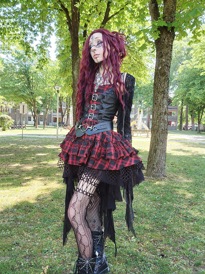 Valentinescorpse wearing Dark in Love Red-Black Tartan Alternative Dress in amongst some trees