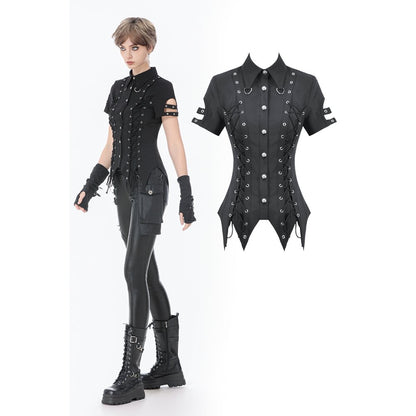 Dark in Love Ruptured Lace-Up Goth Shirt - D-Ring Hardware & Handkerchief Hem