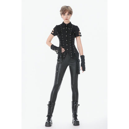 Dark in Love Ruptured Lace-Up Goth Shirt - D-Ring Hardware & Handkerchief Hem