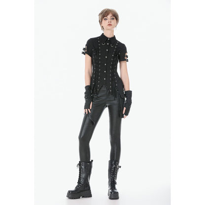 Dark in Love Ruptured Lace-Up Goth Shirt - D-Ring Hardware & Handkerchief Hem