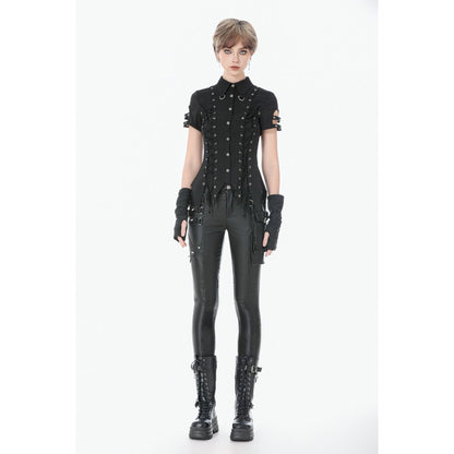 Dark in Love Ruptured Lace-Up Goth Shirt - D-Ring Hardware & Handkerchief Hem