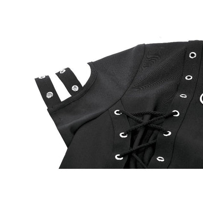 Dark in Love Ruptured Lace-Up Goth Shirt - D-Ring Hardware & Handkerchief Hem