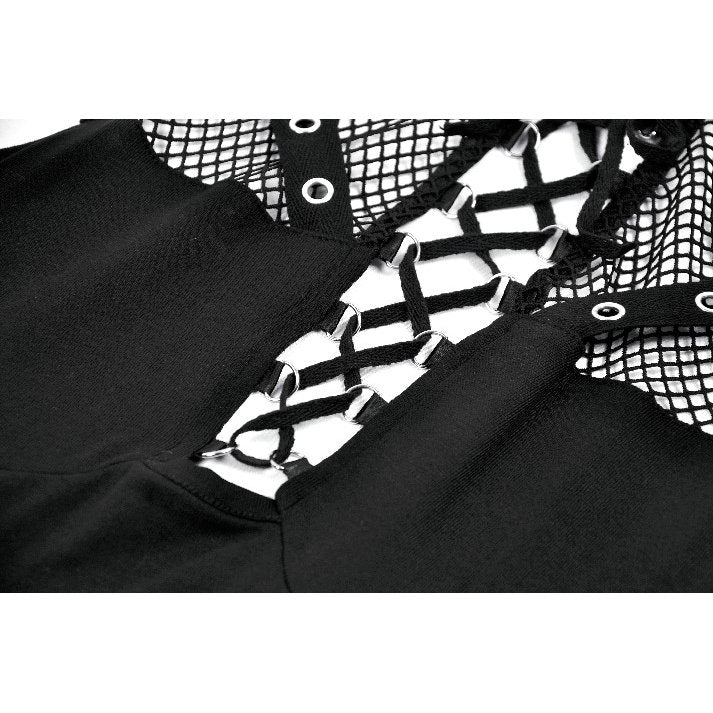 Dark in Love Ruth Mesh Strap Gothic Sleeveless Top closeup of the  mini D-rings lace up feature