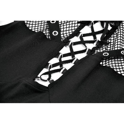 Dark in Love Ruth Mesh Strap Gothic Sleeveless Top closeup of the  mini D-rings lace up feature