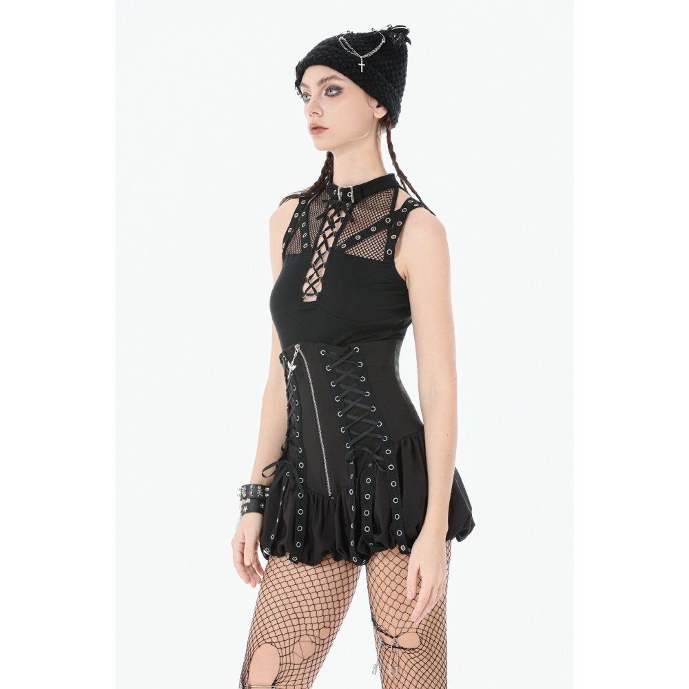 Dark in Love Ruth Mesh Strap Gothic Sleeveless Top side view on a model