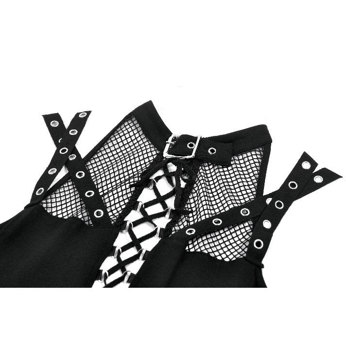 Dark in Love Ruth Mesh Strap Gothic Sleeveless Top closeup of the collar and  mini D-rings lace up feature