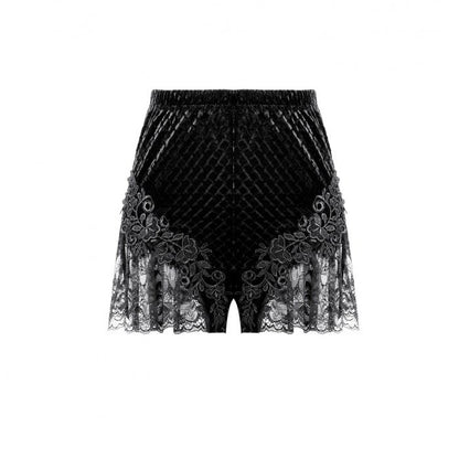 Dark in Love Velvet Floral Lace Trim Goth Black Velvet Shorts front view