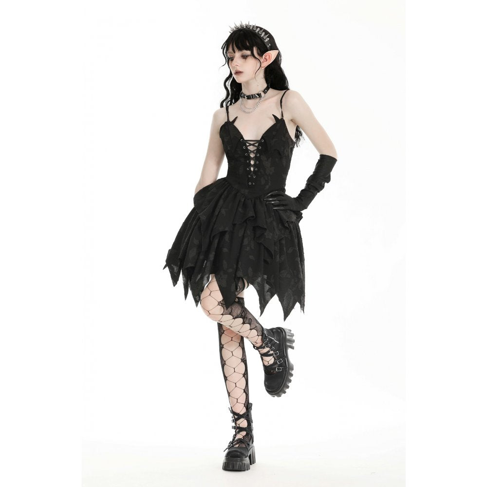 Dark in Love Zemira Goth Dress - 3D Floral Plunge Lace-Up Batwing Bust styled